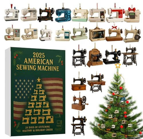 Navidad Adviento 2025 | 2D acrílico máquina de coser decoraciones - 24 días para colgar calendario de cuenta atrás - Para amantes de las manualidades, acolchadores, artistas, textiles, puerta de casa