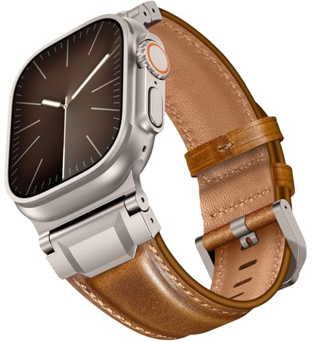 Miimall äkta läderarmband för Apple Watch Ultra 3/2/Ultra 49 mm, serie 11/10 46 mm, 9/8/7 45 mm, iWatch SE3/SE2/SE/serie 6/5/4 44 mm, läderband med metallkontakt för män kvinnor, Apple Watch Ultra