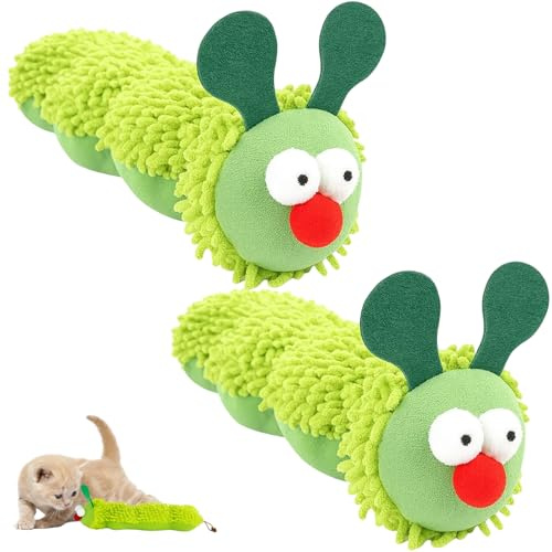 YyiFcg Lot de 2 coussins d'herbe à chat en forme de chenilles vertes - 22 cm - Jouet doux pour chat