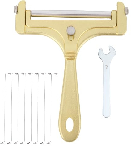 10uds Kit de Cortadores Queso, Alambre de Acero Inoxidable 8 Alambres Adicionales y Llave Inglesa Grosor Ajustable Manual para Queso Bloque Mantequilla Mozzarella y Cheddar (Dorado Esmerilado)