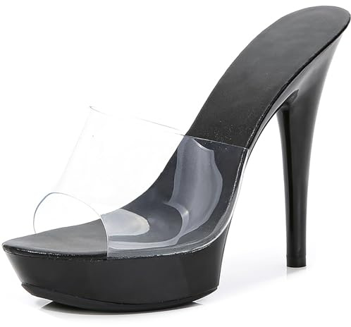 WVBVLO Women Clear Strap Fish Mouth Platform Sky High Heel Sexy Party Slides Fashion Transparent Open Toe 5.11in High Heeled Backless Prom Sandals For Evening Wedding (Black,10)