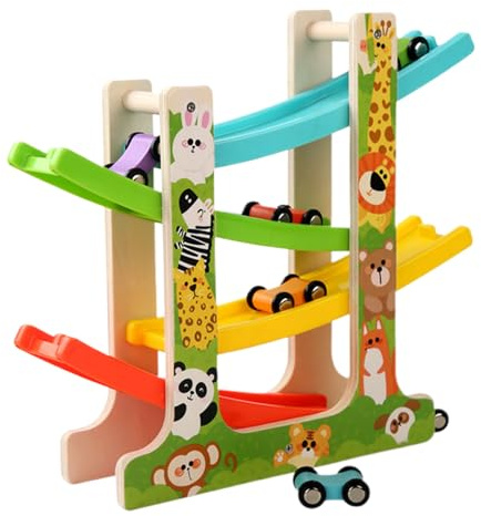 Wooden Ramps Toy for Cars - Garage Toy Vehicle with 4 Racing Cars | Multi-Level Slides, Motor Development Circuit Race Toy for Boys Girls 2 Years (Multicolor)