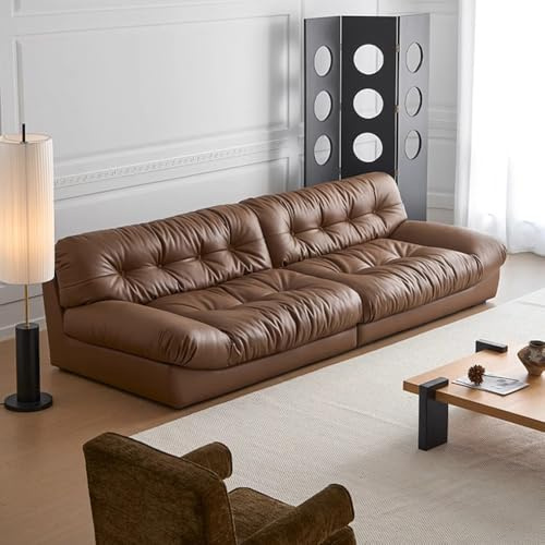 Italiensk lyxig enkel brun lädersoffa, rymlig och mjuk soffa med massiv träram, modern stor storlek, lämplig för vardagsrum/kontor/lägenhet.