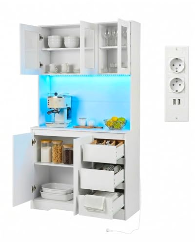 Ginhow Küchenschrank, Sideboard mit Arbeitsplatte und 3 Schubladen, Buffetschrank mit Steckdose & Led, Verstellbare Einlegeböden, Mehrzweckschrank für Küche oder Esszimmer, 100 x 39 x 180 cm, Weiß