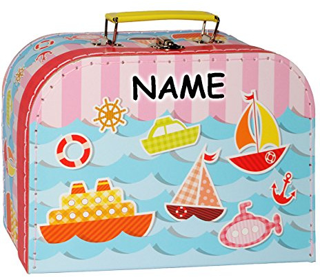 alles-meine.de GmbH 1 Stück Koffer/Kinderkoffer - MITTEL - Schiffe & Boote - incl. Name - 25 cm - Pappkoffer - Puppenkoffer - Kinder - Pappe Karton - Schiffsreise/Kreuz..