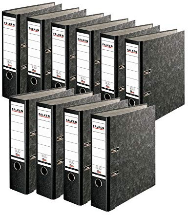 Original Falken 10er Pack Recycling Plus Ordner Wolkenmarmor. Made in Germany. 8 cm breit DIN A4 schwarzer Rücken mit Wechselfenster Ringordner Aktenordner Briefordner Büroordner Pappordner