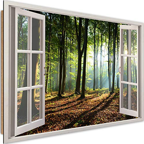 Feeby Quadro Decorativo Finestra con Vista 60x40 cm 1 Pezzo Stampa Murale Fotografia Decorazione da Parete Immagini Moderni per Soggiorno Camera da Letto Ufficio Cucina Bosco Multicolore