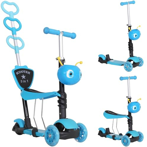 HOMCOM 5 en 1 Trottinette pour Enfants Trottinette 3 Roues évolutive Hauteur Guidon réglable Charge Max. 60 Kg Canne télescopique Selle Dossier Amovible Bleu