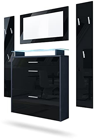 Vladon Garderobe Malea, Garderobenset bestehend aus 1 Hängeschuhschrank, 1 Wandspiegel und 2 Garderobenpaneele, Anthrazit matt/Schwarz Hochglanz, inkl. LED-Beleuchtung blau