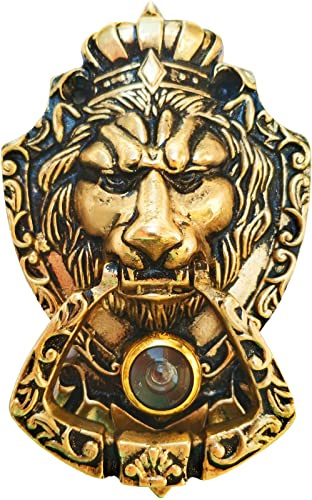 Anatolica Crowned Lion Door Knocker with Spy Hole,Viewer,Peephole, Solid Brass 6.3 inches(Antique Brass)