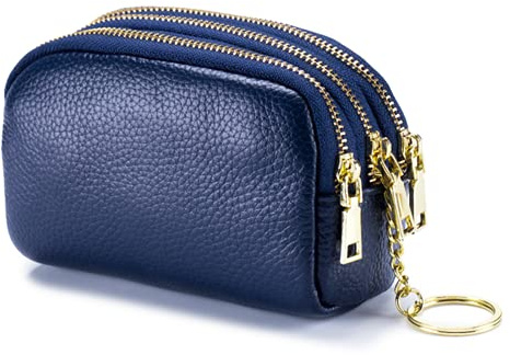 BAYINBROOK Monedero de Piel Triple Capacidad, Pequeña Cartera Mujer Suave Mini Tarjetero, Bolsita con Cremallera y Llavero (Azul)