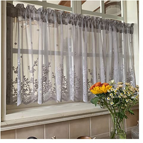 Siunwdiy Weiss Gardinen Küche,scheibengardine Landhaus, Modern Bistrogardine Weihnachten Transparente Schiebegardine, Stickerei,1ps Spitze scheibengardinen,Grau,W200xH 130cm