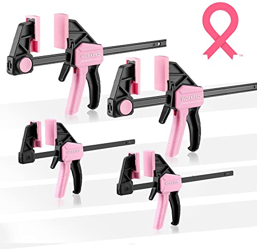 WORKPRO Mini Bar Clamps for Woodworking, 6(2) and 4-1/2(2), 4-Piece One-Handed Clamp/Spreader, Light-Duty Quick-Change F Clamp with 150lbs Load Limit - Pink Ribbon
