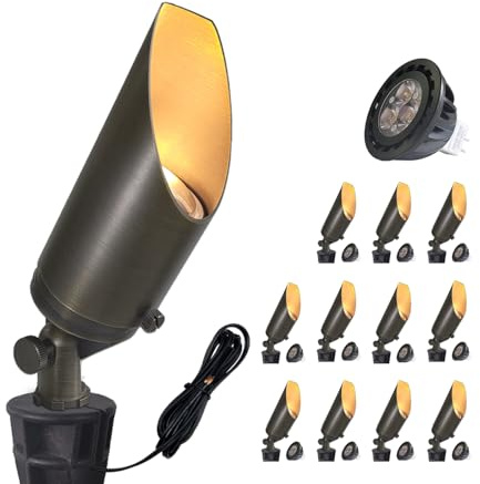 COLOER Brass Landscape Spotlights,12 Pack Spotlight Fixture Outdoor with 5W Aluminum Housing MR16 LED Bulb 2700K 450LM,12V AC/DC Low Voltage Landscape Lighting, Uplight for Garden and Patio(103B)