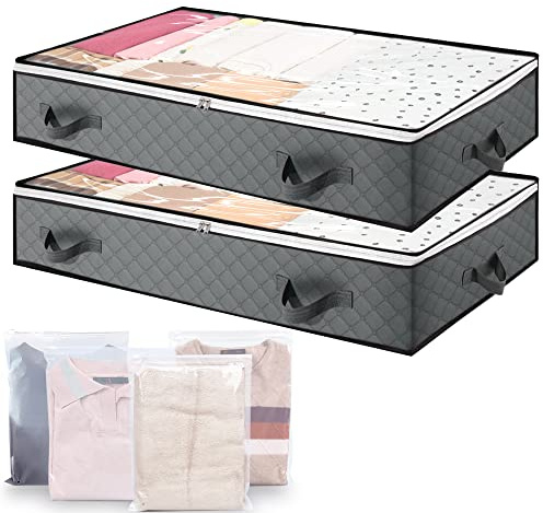 YAJIAYA 2PCS Underbed Storage Bags Foldable Large Under Bed Storage Box with 4 pcs Large Clothes Storage Bag,Under Bed Storage Bag with Reinforced Handle for Clothes Quilts Blankets Bedding