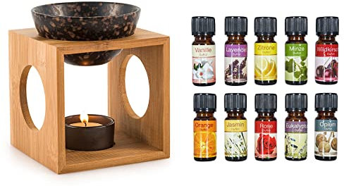 levandeo Lámpara aromática con 10 aceites aromáticos de madera, bambú, negro, cerámica, cuadrado, difusor de aceite, lámpara aromática