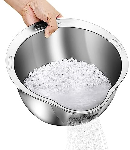 Fukamou Reis Waschschüssel Aus Edelstahl, Sieb Zum Waschen Von Reis Und Gemüse, Reissieb Mit Geneigter Öffnung, Home