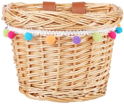 AVASTA Fahrradkorb für Kinder, Wicker Fahrradkorb für 12, 14, 16 Fahrrad, Roller, Dreirad, Lieferung mit Lederriemen, Größe XS, Honiggelb Mit bunter Fellkugel-Dekoration