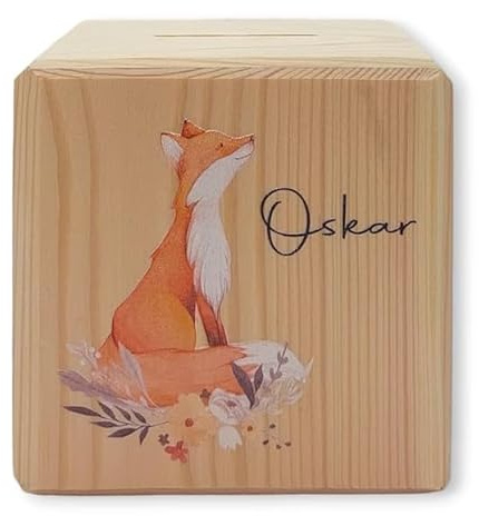 Tenii® Holzspardose personalisiert Fuchs personalisiert mit Namen