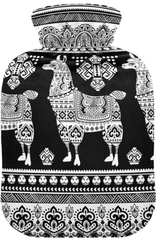 Wärmflasche mit niedlichem Alpaka-Lama, Ethno-Stil, Boho-Stil, weich, warm, für Winter, Bett, Hand, Hals und Schultern, 1 l