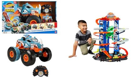 Hot Wheels Monster Trucks - Rhinomite Trasformabile Radiocomandato in scala 1:12 & City Robo T-Rex Ultimate Garage Modalità multigiocatore a più livelli
