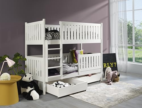 KEF Gabrielle Etagenbett Kinder 80x180 cm - Holz Kinderbett - für Zwei Kinder - Holzbett mit Schubladen - Massivholz Kinder Bett mit Lattenrost - Weiß - mit Matratze - Leiter Rechts