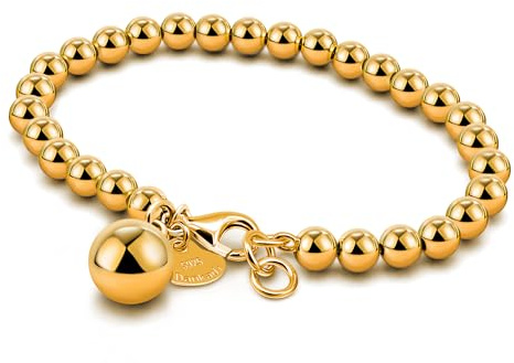 Dankadi Bracelet de Perles pour Femme en Argent 925 Large de 4MM 6MM Sans et Avec Pendentif Coeur, Long 13-21CM Doré Or Rose Cadeau Fête Maman Fille Homme (17CM, Doré 6MM Avec Pendentif Grelot)