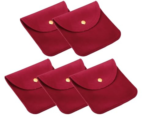 PATIKIL 10x10cm Jewelry Pouches with Snap Button, 5 Pack Velvet Jewelry Pouches Portable Soft Storage for Necklace Bracelet Earring Watch Rings Brooch, Red