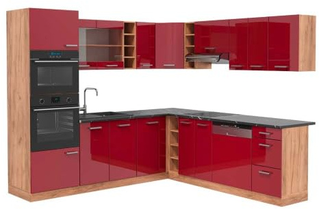Vicco Eckküche R-Line, Rot Hochglanz/Goldkraft Eiche, 247 x 237 cm | 14 Module · Höhenverstellbare Füße · AP Anthrazit inkl. · Robuste Fronten · Mit Backofen-/Mikrowellenschrank