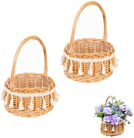 2 Stück Blumenkorb Hochzeit, Weidenkorb Klein, Körbchen Blumenkinder, Blumenstreukörbchen, Rattan-Blumenkorb, mit Henkel, Vintage-Stil, für Hochzeit Tischdeko