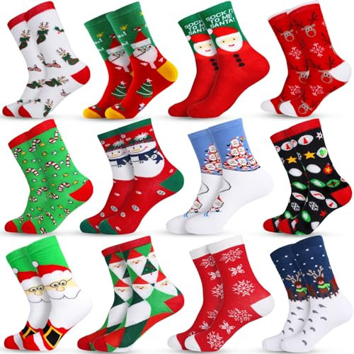 POWLYB 12 Paires Chaussettes de Noël pour Hommes, Femmes et Enfants - Motifs Père Noël, Renne, Neige - Taille 35-38