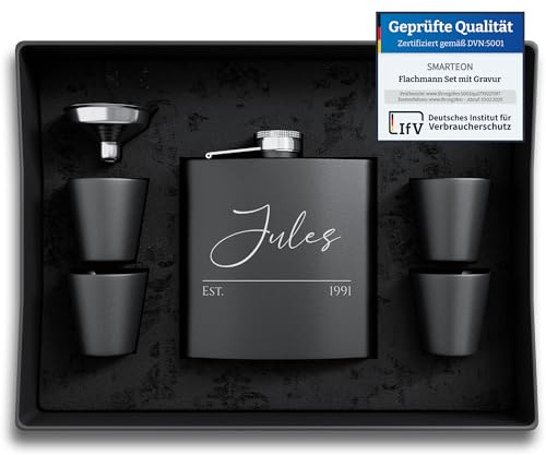 Personalisierter Flachmann Set Mit Gravur - Geschenkidee für Hochzeit und Männer - Edelstahl Flachmann - Trauzeuge Geschenk (Design 5)