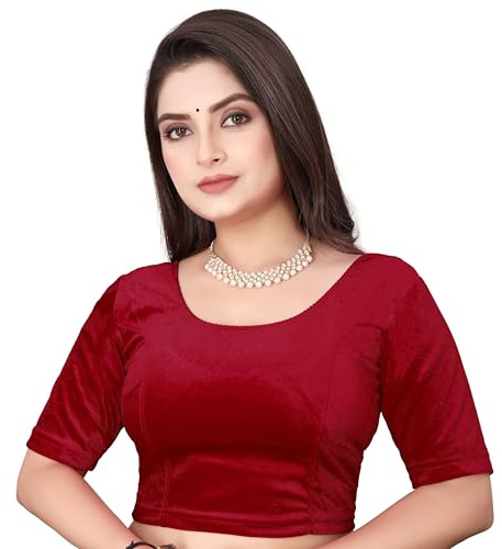 SEEANS Women's Velvet Stretchable Saree Blouse | Readymade Full-Stitched Half Sleeve Choli | Soft & Comfortable Partywear Crop Top | Traditional & Festive Wear | Maroon, 31 to 35 Bust Stretchy