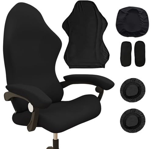 WIYETY Funda para silla de videojuegos, lavable, con reposabrazos, respaldo y 1 par de fundas para auriculares, para silla giratoria, Negro, 4 Count