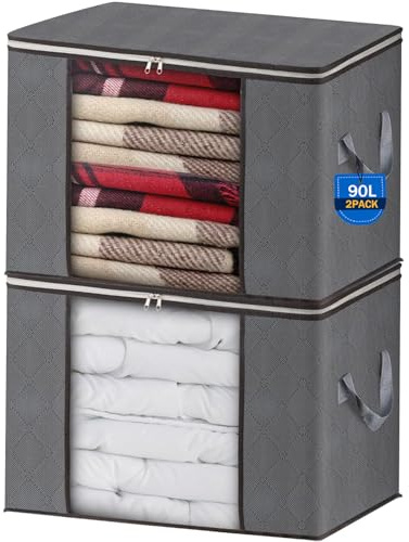 AIOR 2pcs Scatole per Armadio Salvaspazio, 90L Grande Capacità Borsa Porta Abiti con Finestra Trasparente, Pieghevole Traspirante Organizzatore Borsa per Trapunte, Coperte, Biancheria da Letto