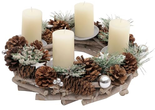 Adventskranz HWC-M15, Adventsgesteck Tischkranz Weihnachtsdeko Tischdeko, Holz FSC® Silber Ø 32cm - mit Kerzen