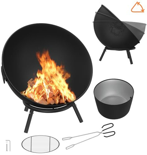 LARS360 Braciere 60 cm rotondo nero in acciaio con griglia in legno e pinza braciere portatile per giardino, terrazza, campeggio, facile da montare