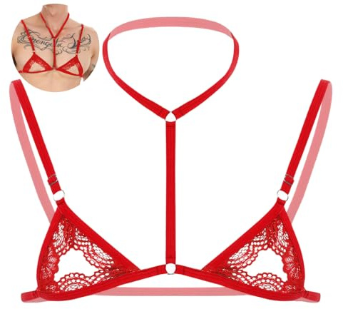 AIEOE Hombre Sissy Lencería Encaje Delgado Sujetador Halter Mini Sujetador Ropa Interior Crossdresser Encaje Bralette Gay Hueco Lencería Sujetador S-XL, rojo, XL