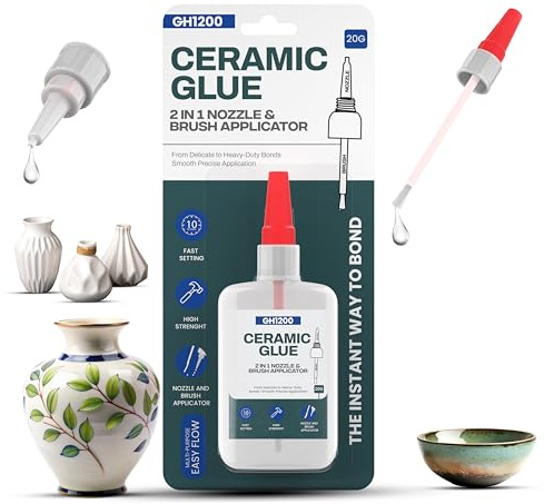 GH1200 (2-IN-1) Ceramic Glue Repair for Pottery with Brush Applicator & Nozzle, Mess Free Stone Glue Outdoor, Instant Temperature Resistant Ca glue, Repair Mugs, Dishes, Pottery & More