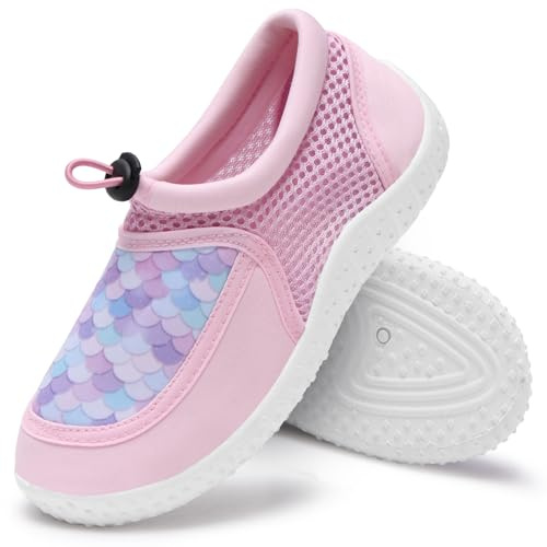 WateLves Kids Water Shoes for Boys and Girls Quick Dry Barefoot Aqua Socks Beach Swim Pool Shoes Toddler Little Kid to Big Kid(Pink Fish Scales, 26)