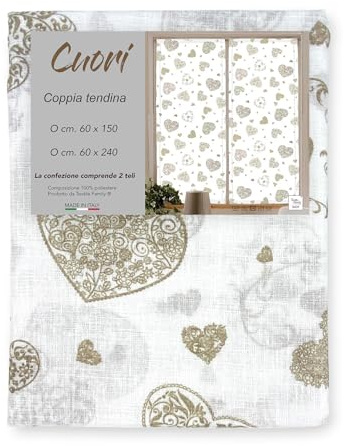 Tex family Coppia TENDINA a vetro Cuore Beige larga cm. 60 da Finestra e da Porta - COPPIA (2 TELI) CM. 60X240