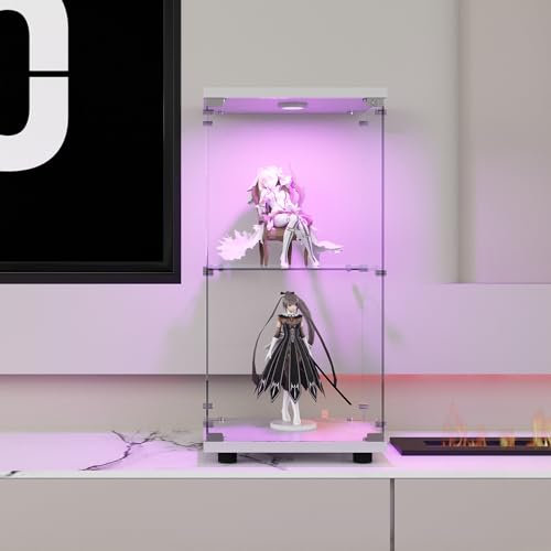 Wnvivi LED-Vitrine aus Glas, 2 Regale, 86 x 40 x 36 cm, Kollektion Vitrine mit Tür und Schloss, Glasvitrine auf Fuß, Vitrine mit LED, für Schlafzimmer, Wohnzimmer (weiß)
