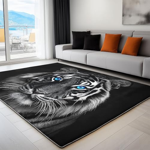 Generisch Kurzflor Teppich Fotografie Tier Tiger 120 x 180 cm rutschfest Kurzflor Schlafzimmer Teppich Waschbar Bettvorleger Teppiche Schwarz, Für Flur, Wohnzimmer, Schlafzimmer & Esszimmer