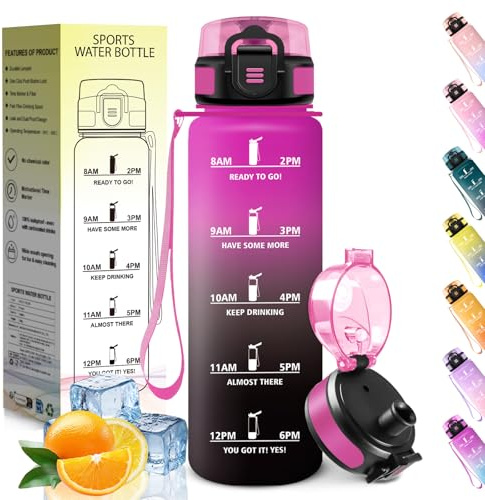 HoneyHolly Trinkflasche 1L, Zeitmarkierung, Wasserflasche, Auslaufsicher, Trinkflasche Kohlensäure Geeignet, Wiederverwendbar, Water Bottle für Fitnessstudio, Radfahren, Büro, Outdoor, Sportflasche