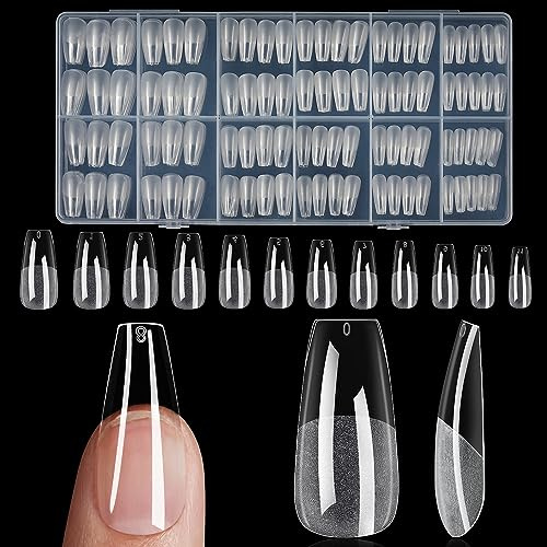 TOMICCA 504PCS Clear Medium Coffin Nail Tips Kit - Coffin Shape False Nails with Numbered Box for Gel Polish & Acrylic Extensions, 10 Sizes Pre-Buffed for Salon & Home DIY
