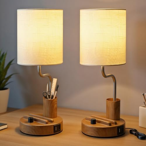 OUTON Bedside Table Lamps Set of 2 – Stepless Dimmable Nightstand Light with Linen Shade, USB-A & USB-C Ports, Phone Stand & Pen Holder, 2700K Warm LED Bulb Included, for Bedroom, Dorm, Office, Wood