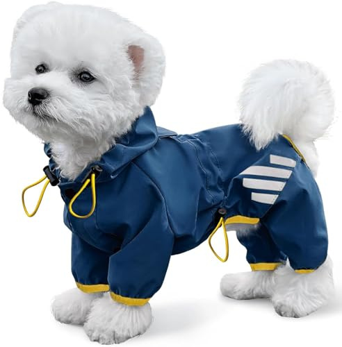 Manteau de pluie pour chiens, veste imperméable avec capuche, manteau de pluie avec trou pour laisse, sangle réfléchissante pour chiens de petite et moyenne taille, vêtements légers pour chiots (bleu
