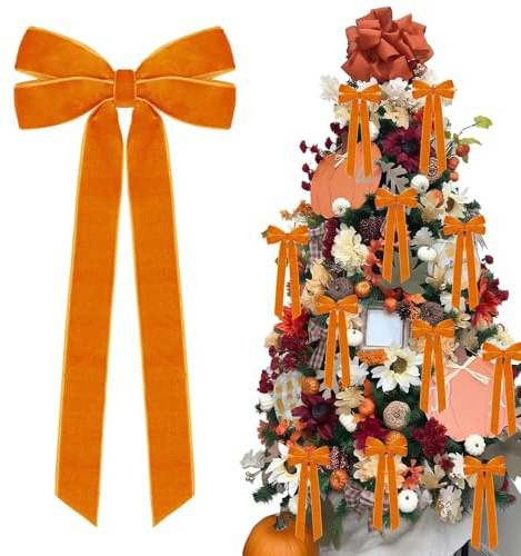 Zimocepuz Adorno de Árbol de Navidad, 12 Piezas de Lazos de Terciopelo Naranja, 26 X 13 X 2,5 cm, Cinta de Lazo Naranja Decoración de Fiesta Navideña
