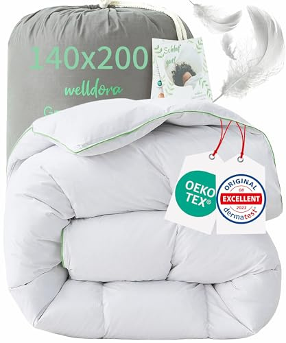 Welldora Couette 1 Personne Grand Confort 140x200 | 100% Plumes et Duvet Extradoux | Vérifiée par des Médecins, Oeko-Tex, Anti-Allergies, Certifiée RDS pour Le Bien-Être Animal | Couette d'hiver