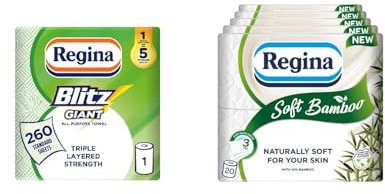 Regina Blitz Giant, 1 Roll + Regina Soft Bamboo, 20 Rolls | 260 Strong Sheets per Roll of Household Towel and 160 Naturally Soft Sheets per Roll of Toilet Tissue